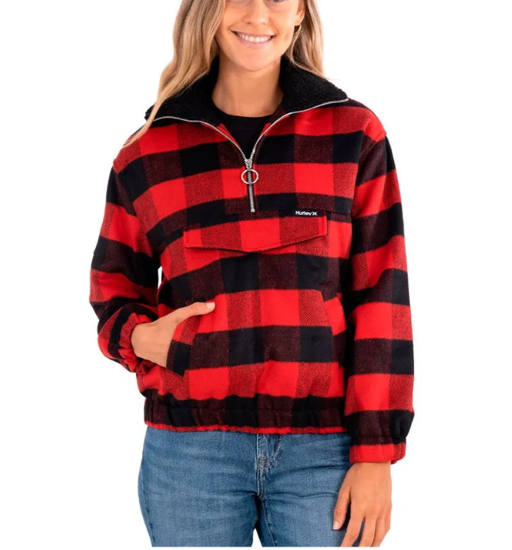 Hurley Teddy Fur Buffalo Plaid Jacket Size L Black Red 1/2 Zip Gorp Lumberjack